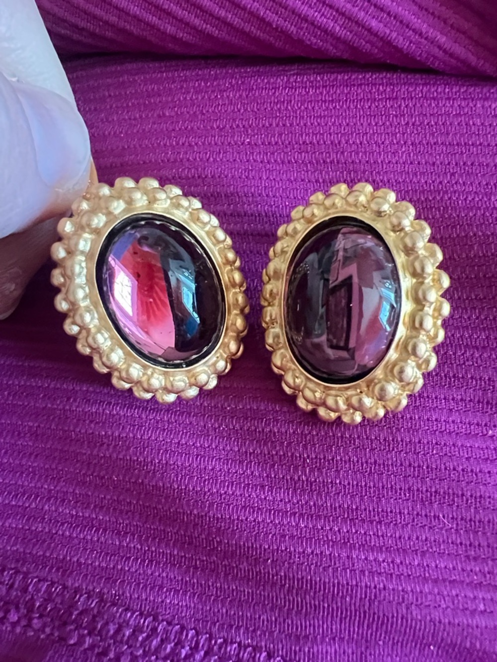 Vintage Gold Beaded Oval Earrings with Purple Cabochon